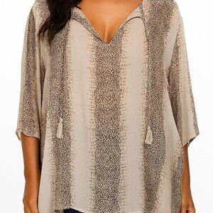 Sara Studio Blouse w/tasseled Tie 3/4 Sleeves Size XL Brown/Tan Print - …